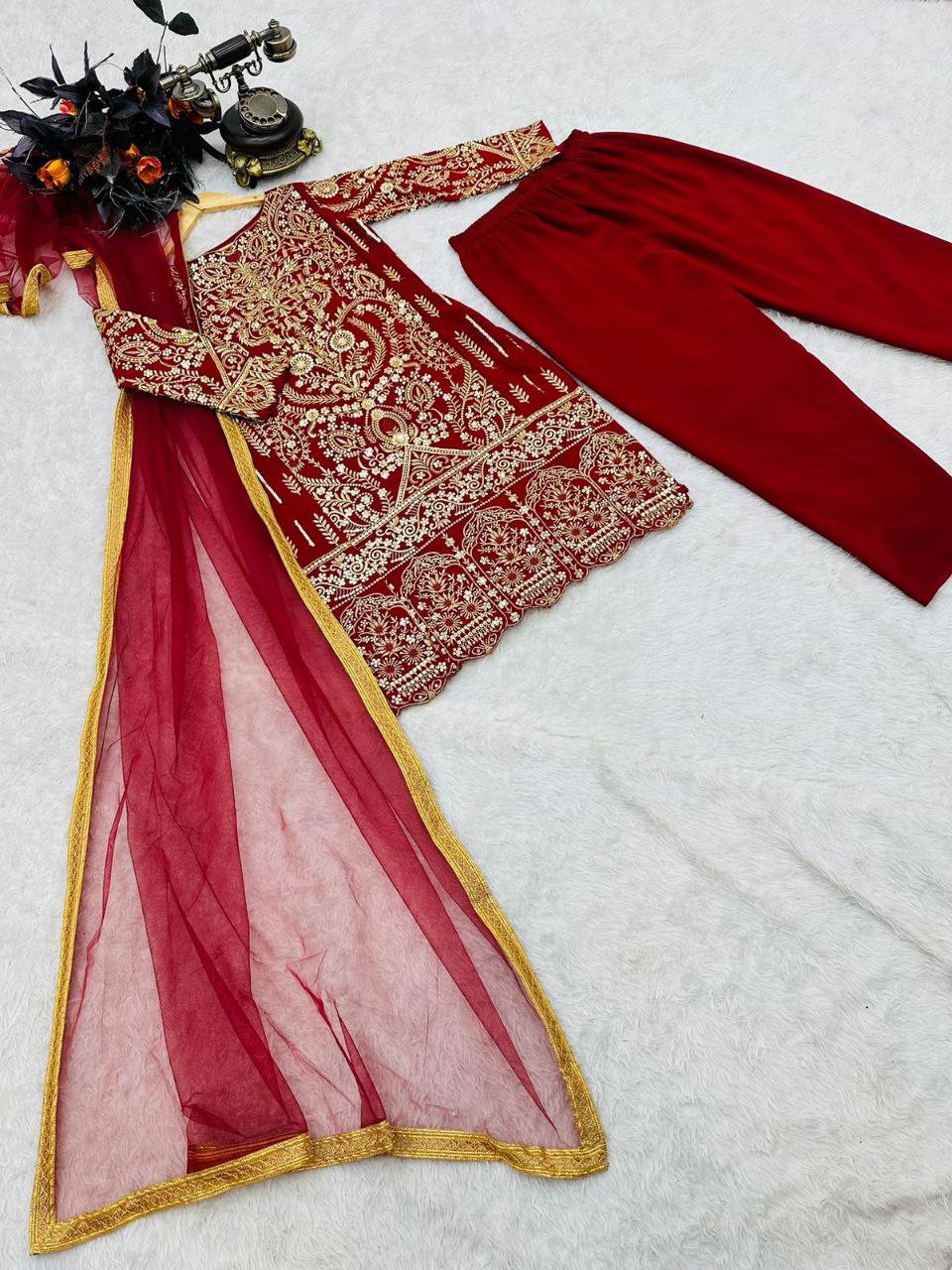 Dark Red Salwar Suit in Faux Georgette with Dupatta