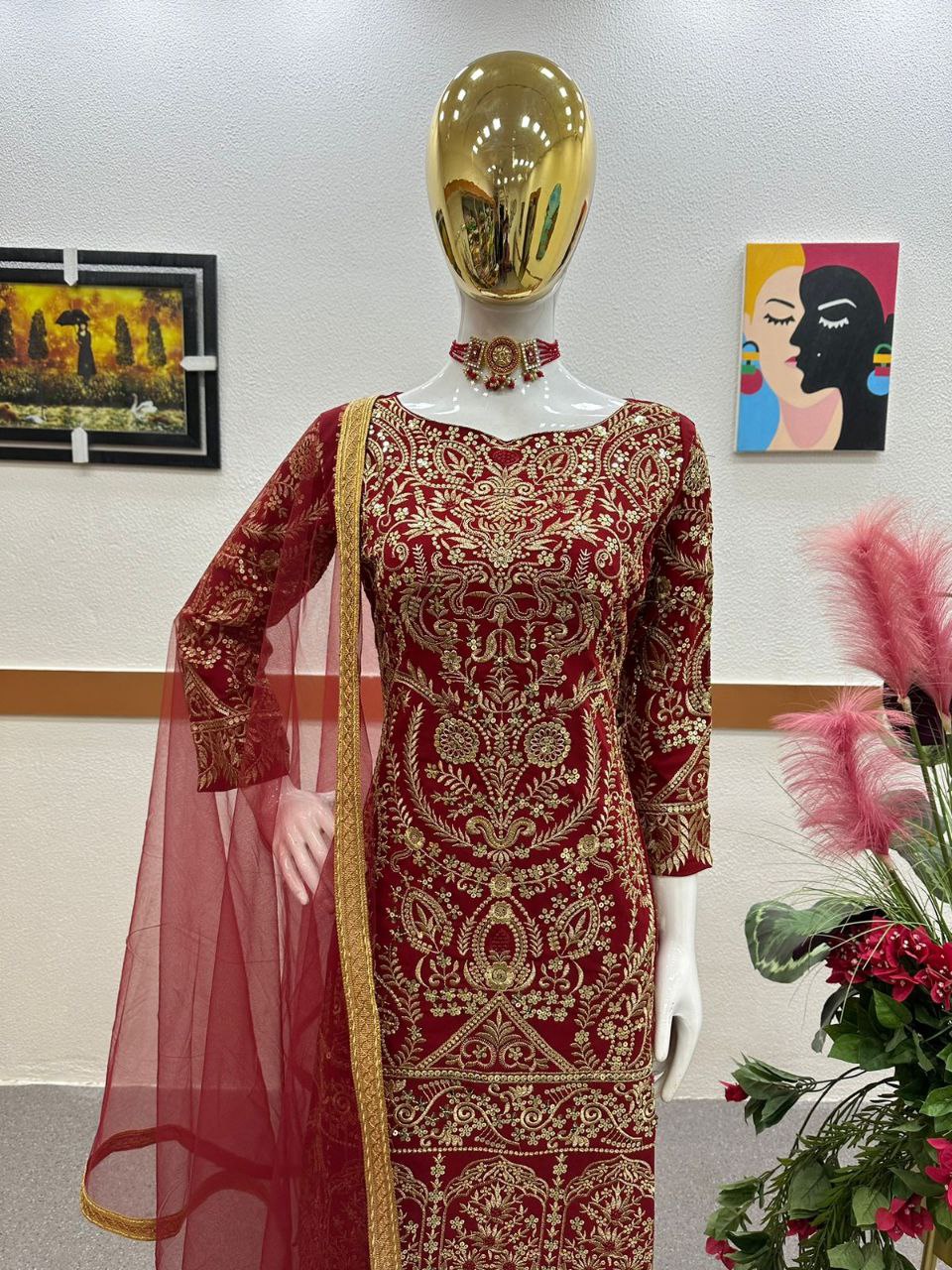 Dark Red Salwar Suit in Faux Georgette with Dupatta
