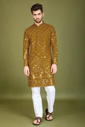Yellow Viscose Rayon Men's Kurta with Thread & Sequence Work
