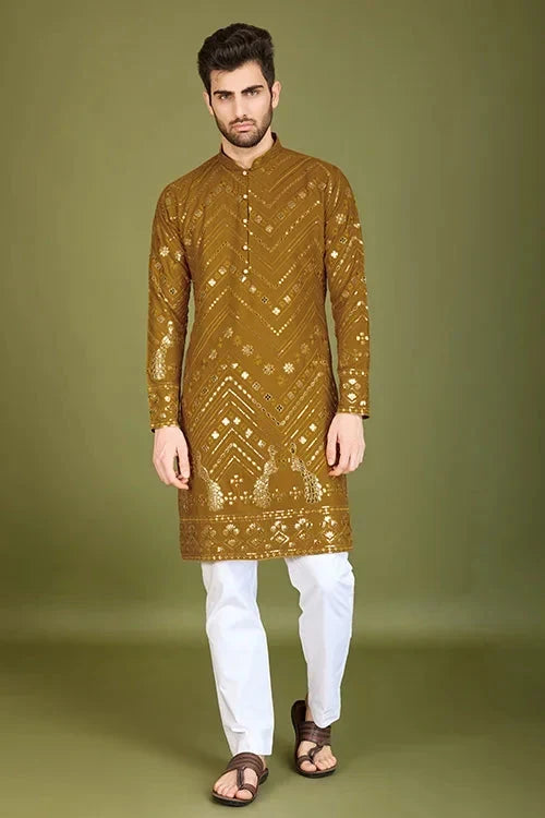 Yellow Viscose Rayon Men's Kurta with Thread & Sequence Work