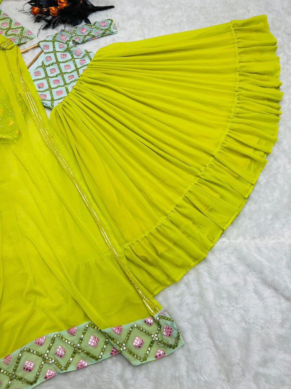 Designer Parrot Green Color Paper Mirror Work Gown