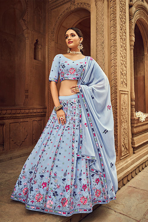 Beige Georgette Thread With Sequince Embroidered Lehenga Choli