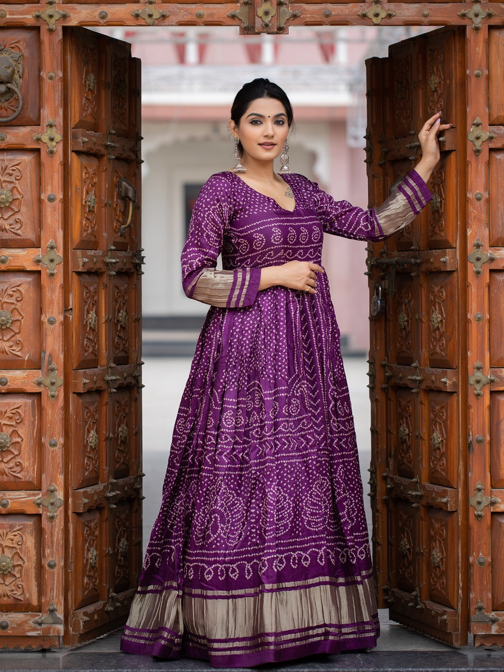Wine Color Digital Bandhej Printed Pure Gaji Silk Beautiful Gown