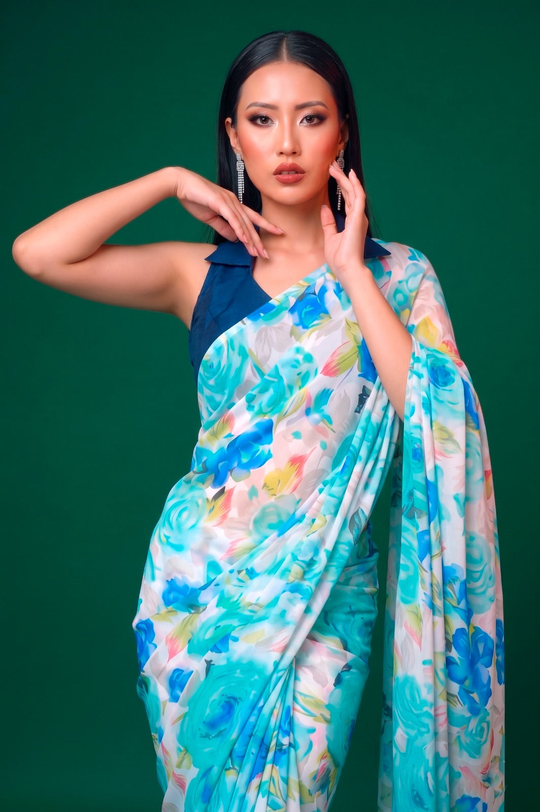 Firozi Elegant Floral Printed Dull Satin Saree with Moonga Silk Blouse