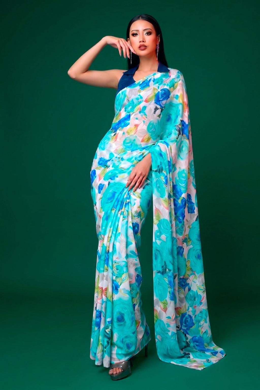 Firozi Elegant Floral Printed Dull Satin Saree with Moonga Silk Blouse