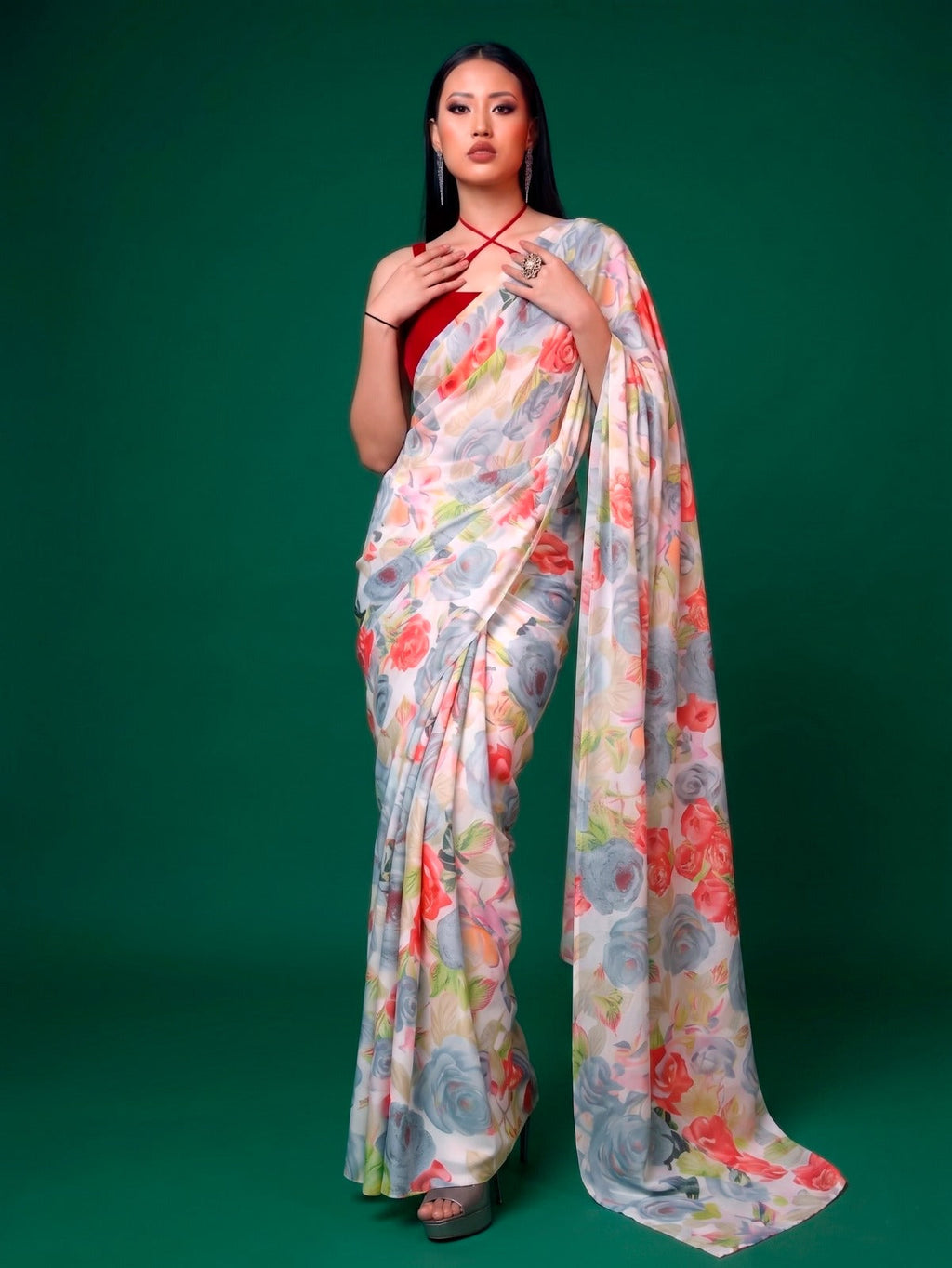 Gray Elegant Floral Printed Dull Satin Saree with Moonga Silk Blouse