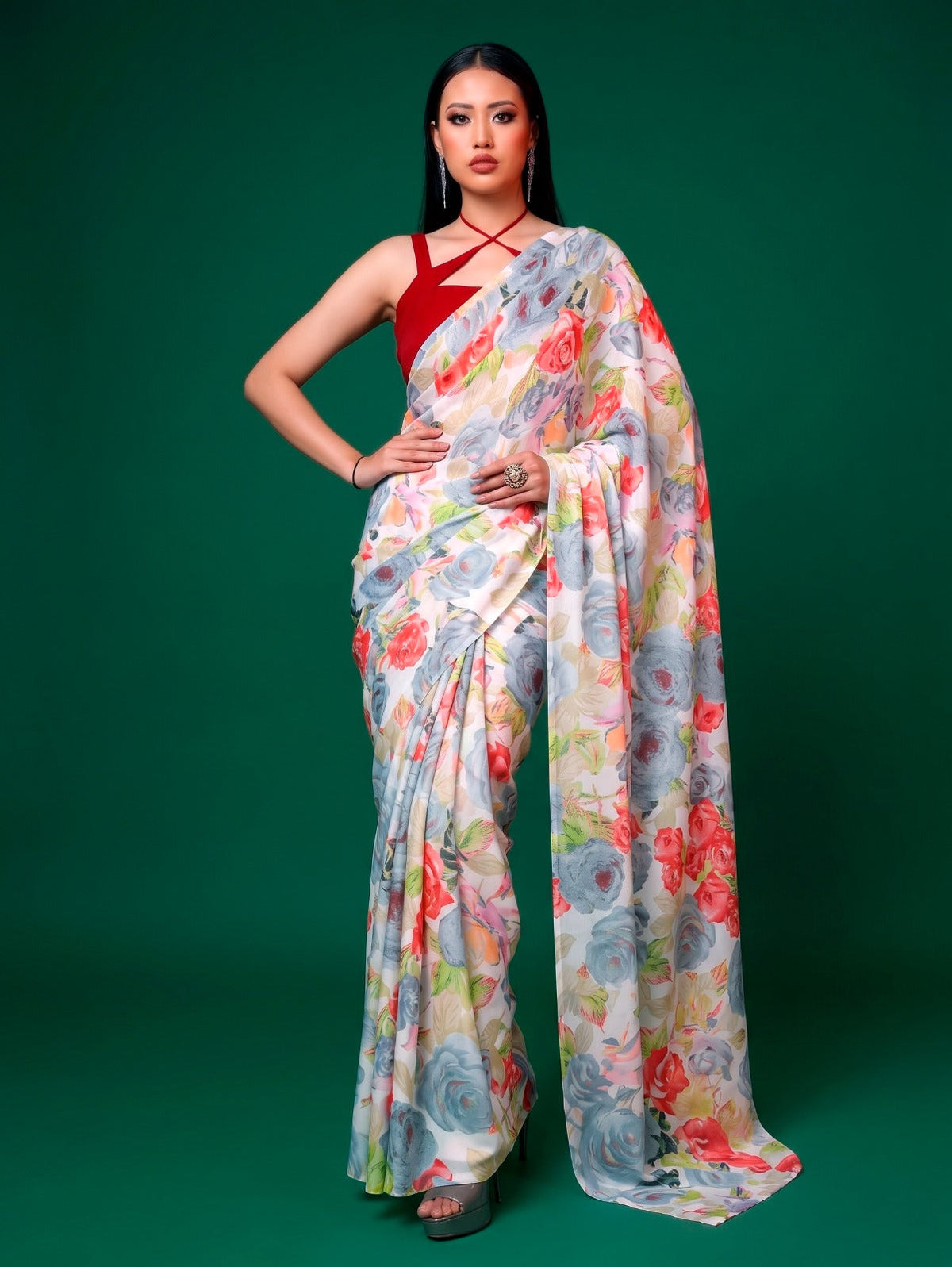 Gray Elegant Floral Printed Dull Satin Saree with Moonga Silk Blouse