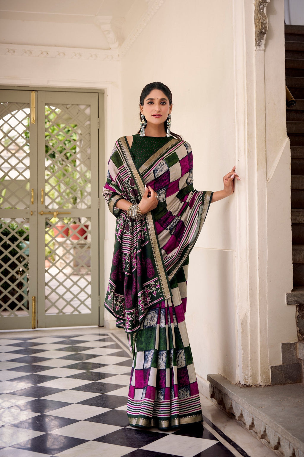 Green Elegant Chanderi Printed Saree with Temple Border & Matching Blouse