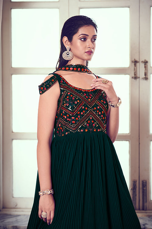 Green Georgette Embroidered Gown with Stylish Dupatta Collection