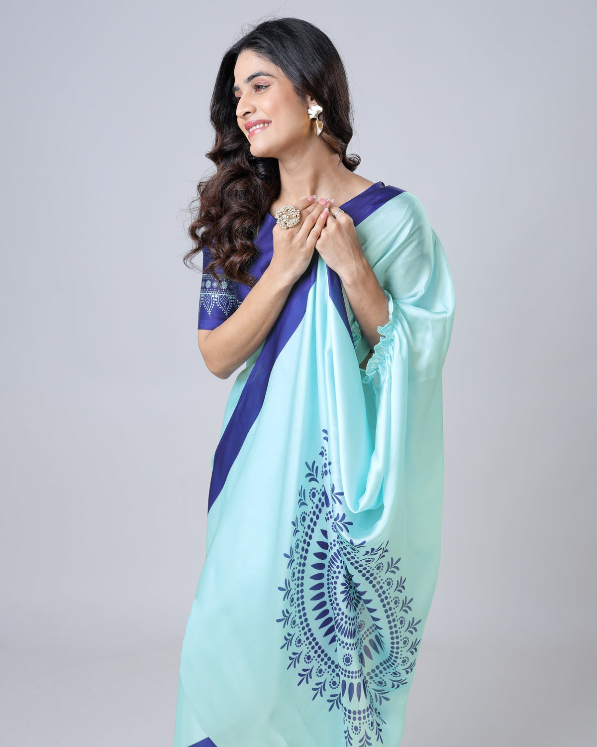 Aqua Blue & Navy Mandala Print Freehand Georgette Satin Saree – Elegant Designer Drape with Ready-to-Wear Finish