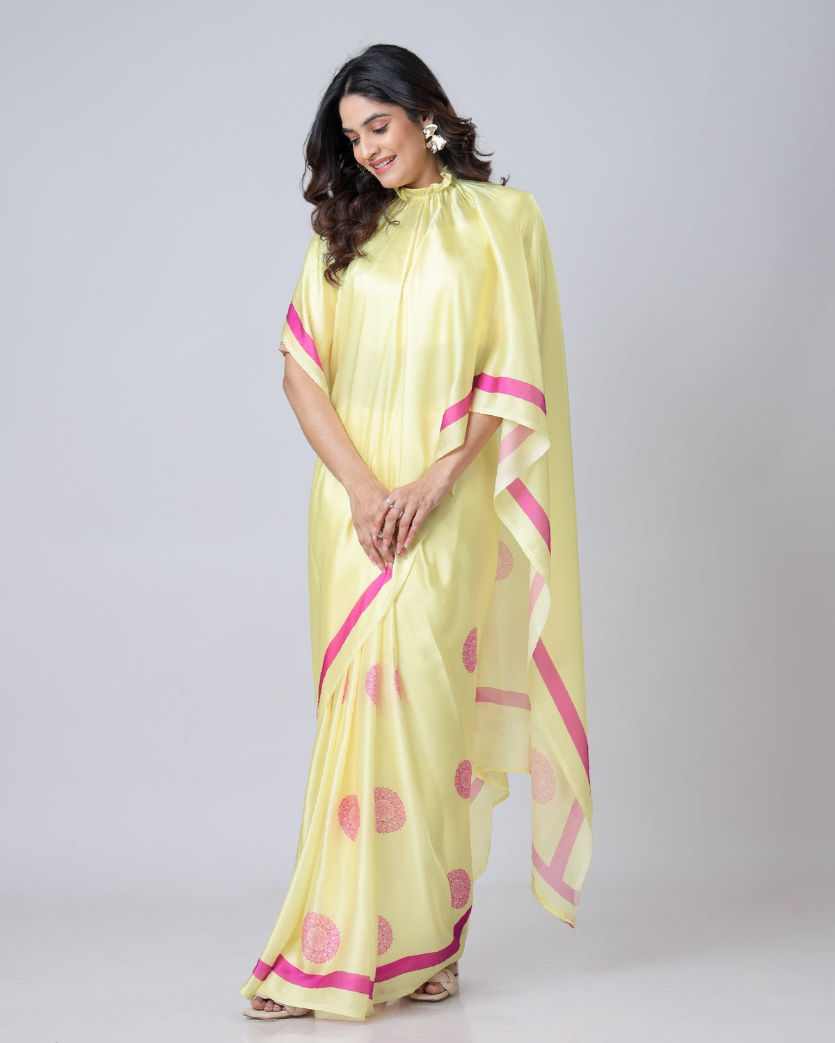 Yellow Georgette Satin Saree with Pink Mandala Freehand Print & Designer Border – Ready to Wear Elegance