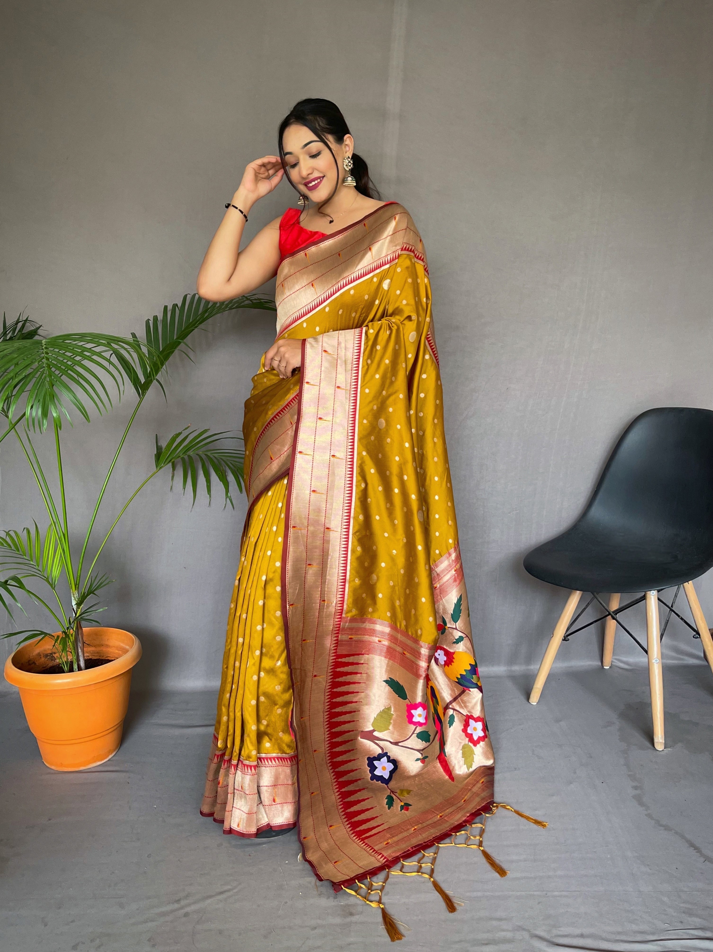 Orange Gold Polka Paithani Silk
