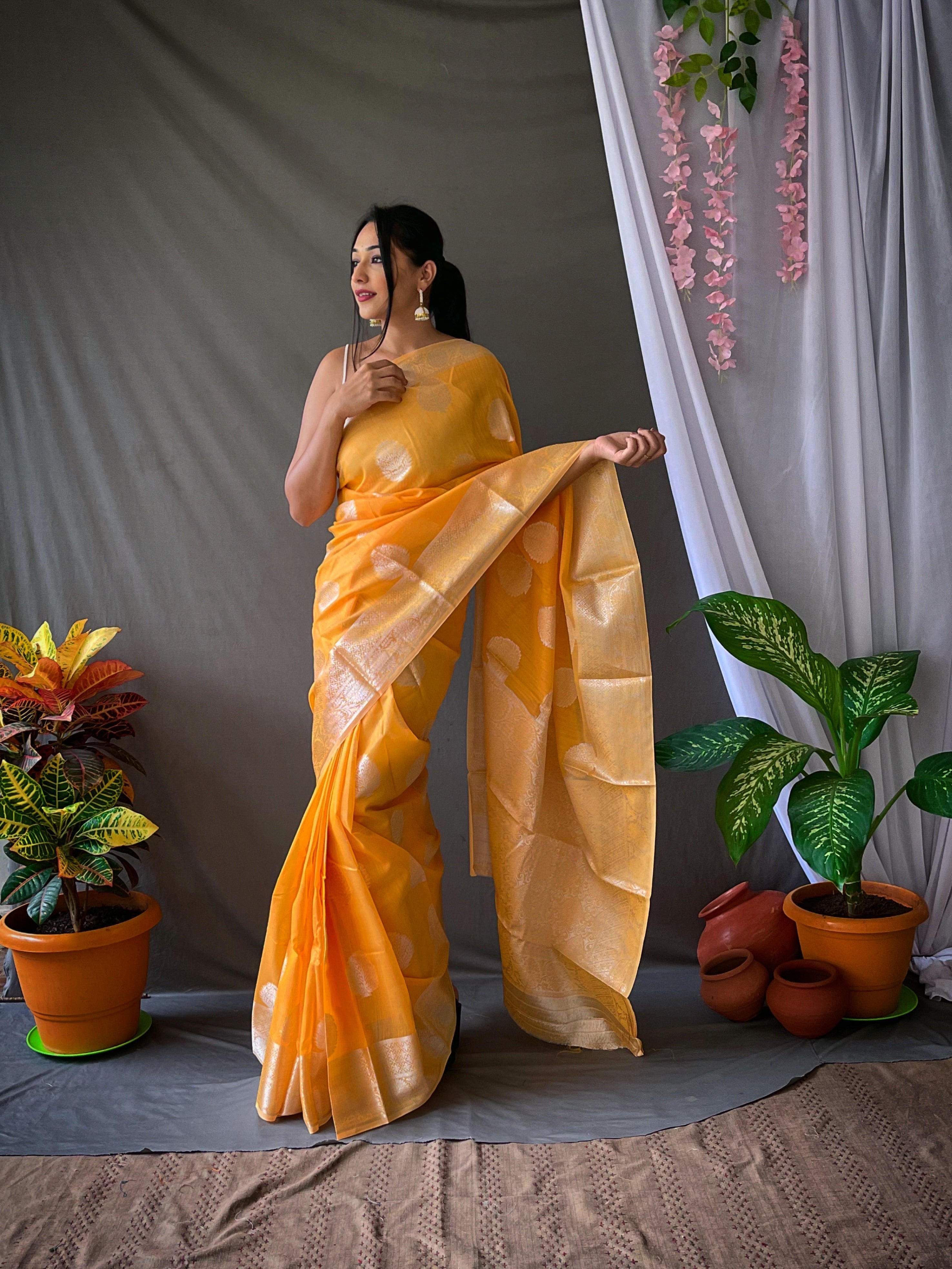 Orange Saree in Linen Silver Zari for women