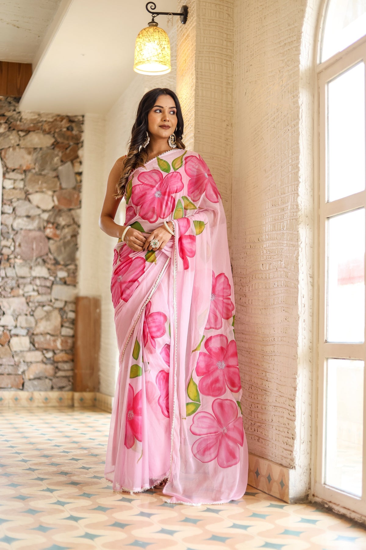 Blush Pink Georgette Saree with Oversized Hand-Painted Magenta Flowers & Bead Detailing – Attached Blouse – 5.5 Meters