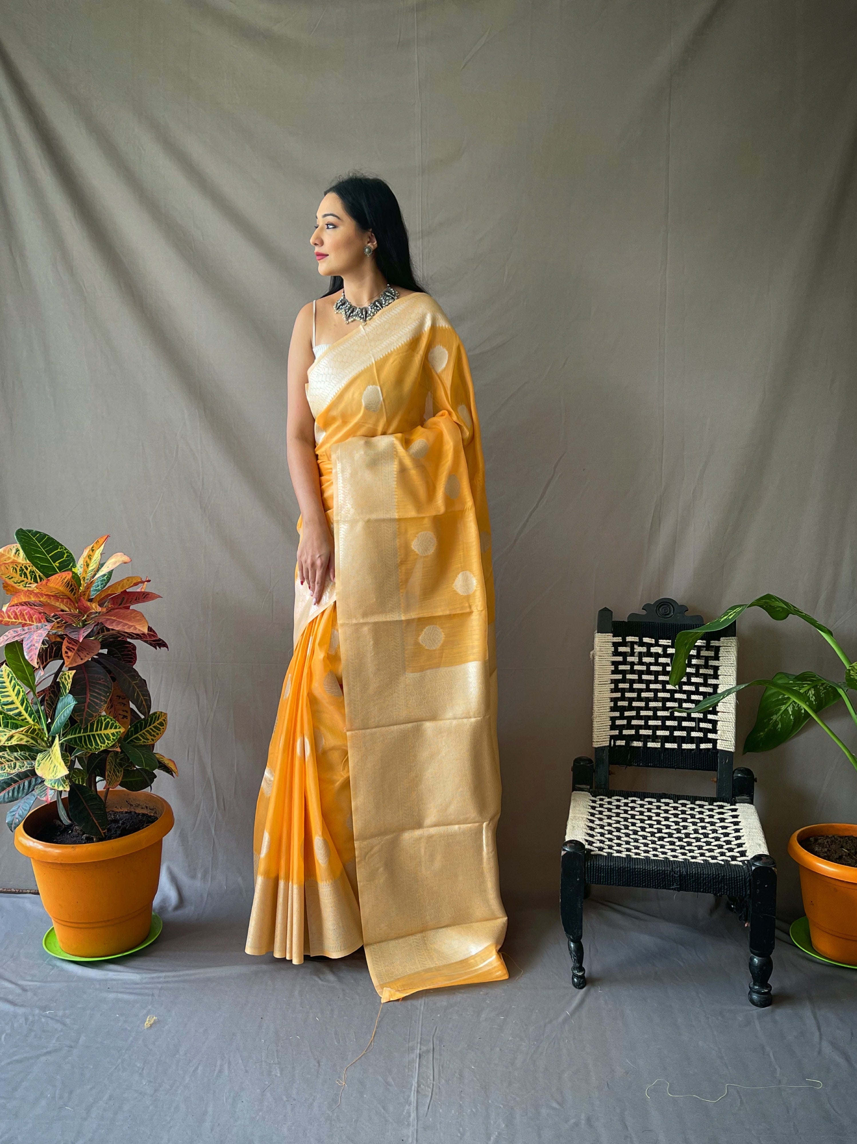 Orange Saree in Linen Silver Zari