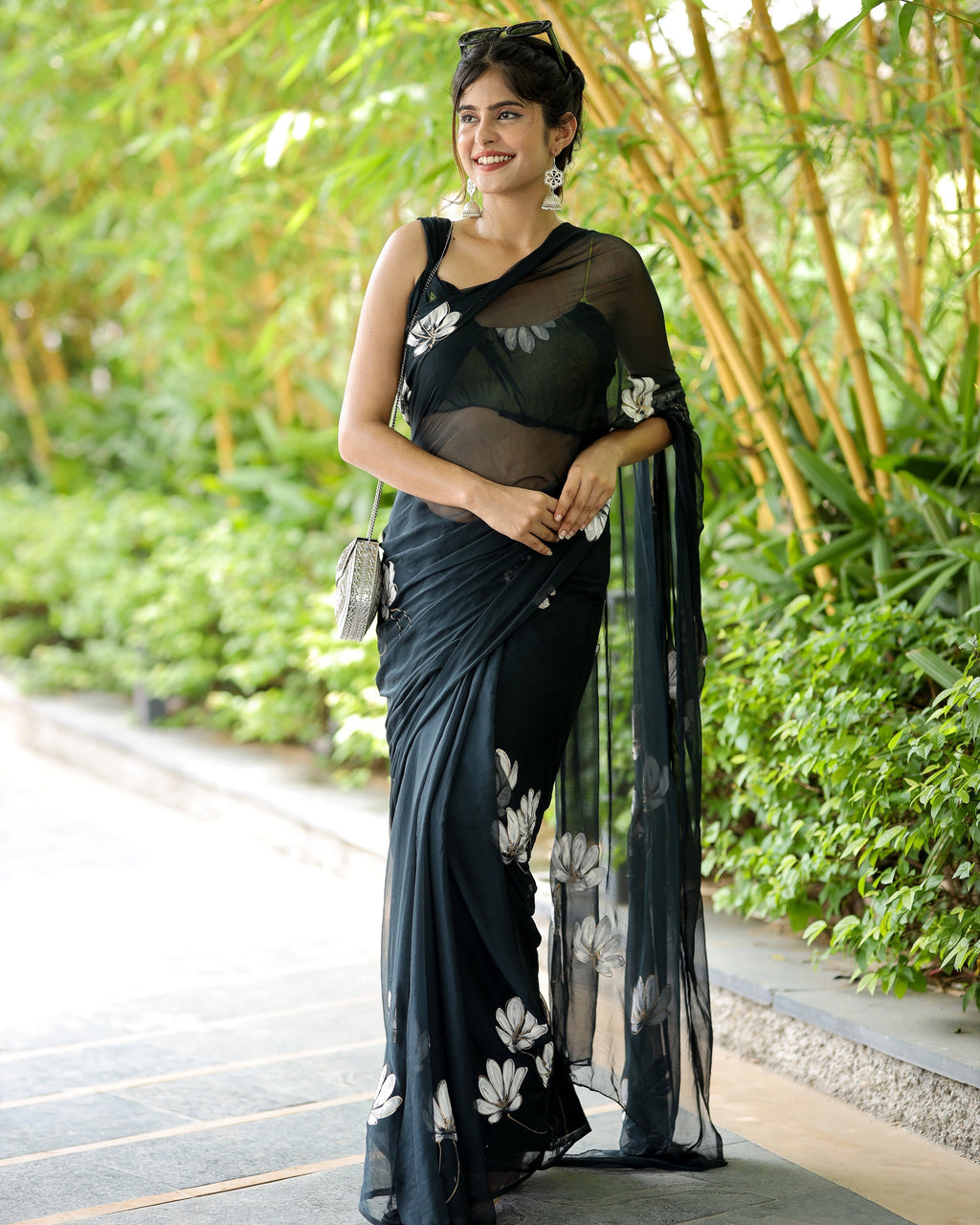 Black Georgette Saree with Hand-Painted White Florals – Attached Blouse – 5.5 Meters