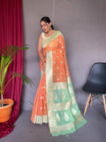 Orange Peach with Green Mist Saree in Cotton Slub Contrast Pattern