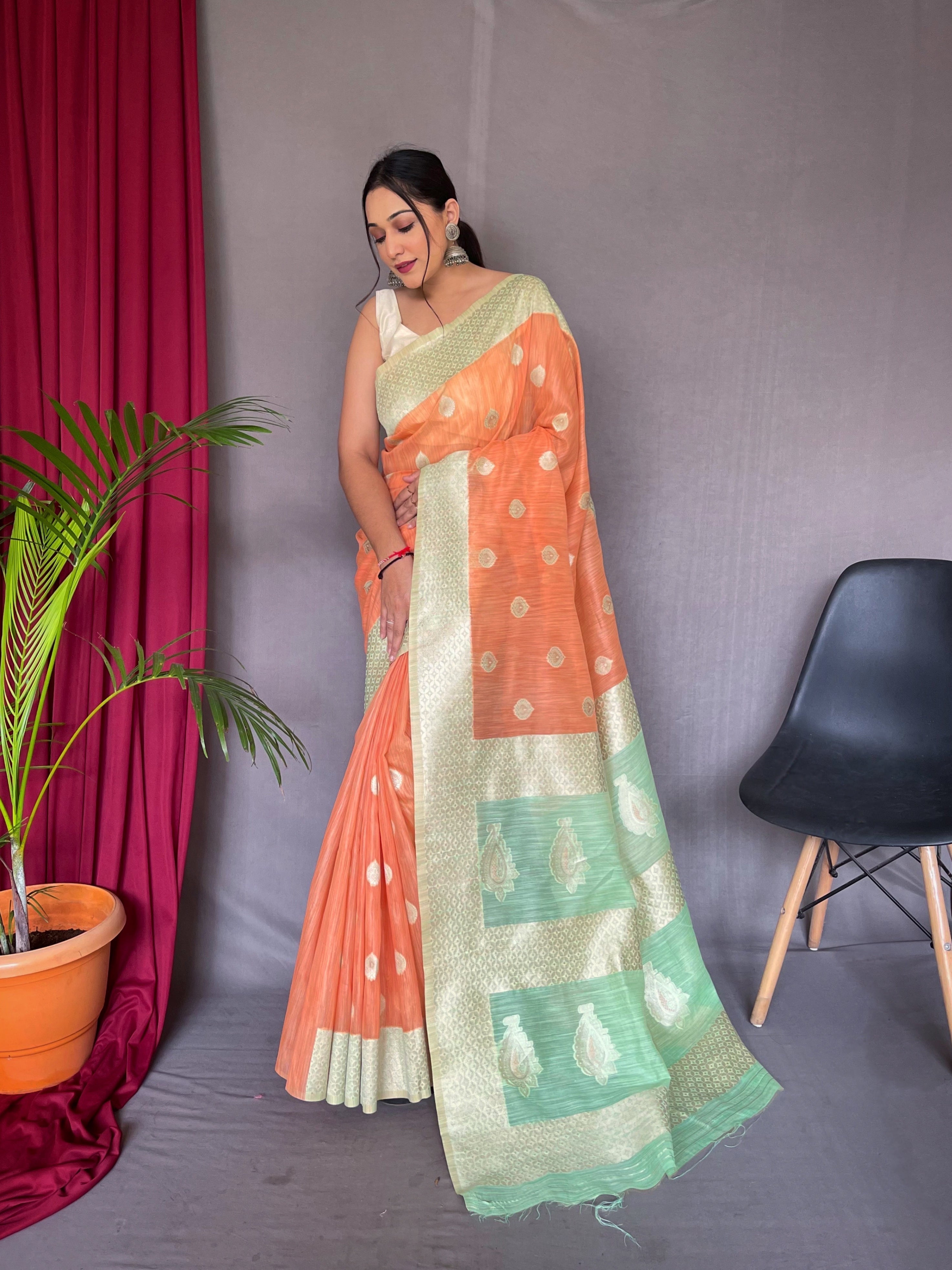 Orange Peach with Green Mist Saree in Cotton Slub Contrast Pattern