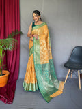 Pastel Orange with Green Saree in Linen