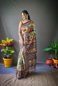 Olive Green Saree in Cotton Kalamkari Print