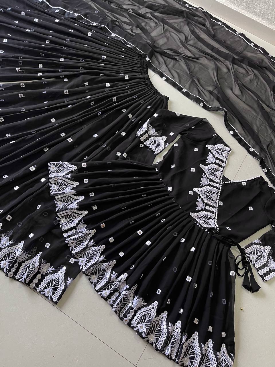 Fancy Black Color Mirror Work Sharara Suit