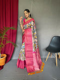 Off-White Pink Saree in Kalamkari Print