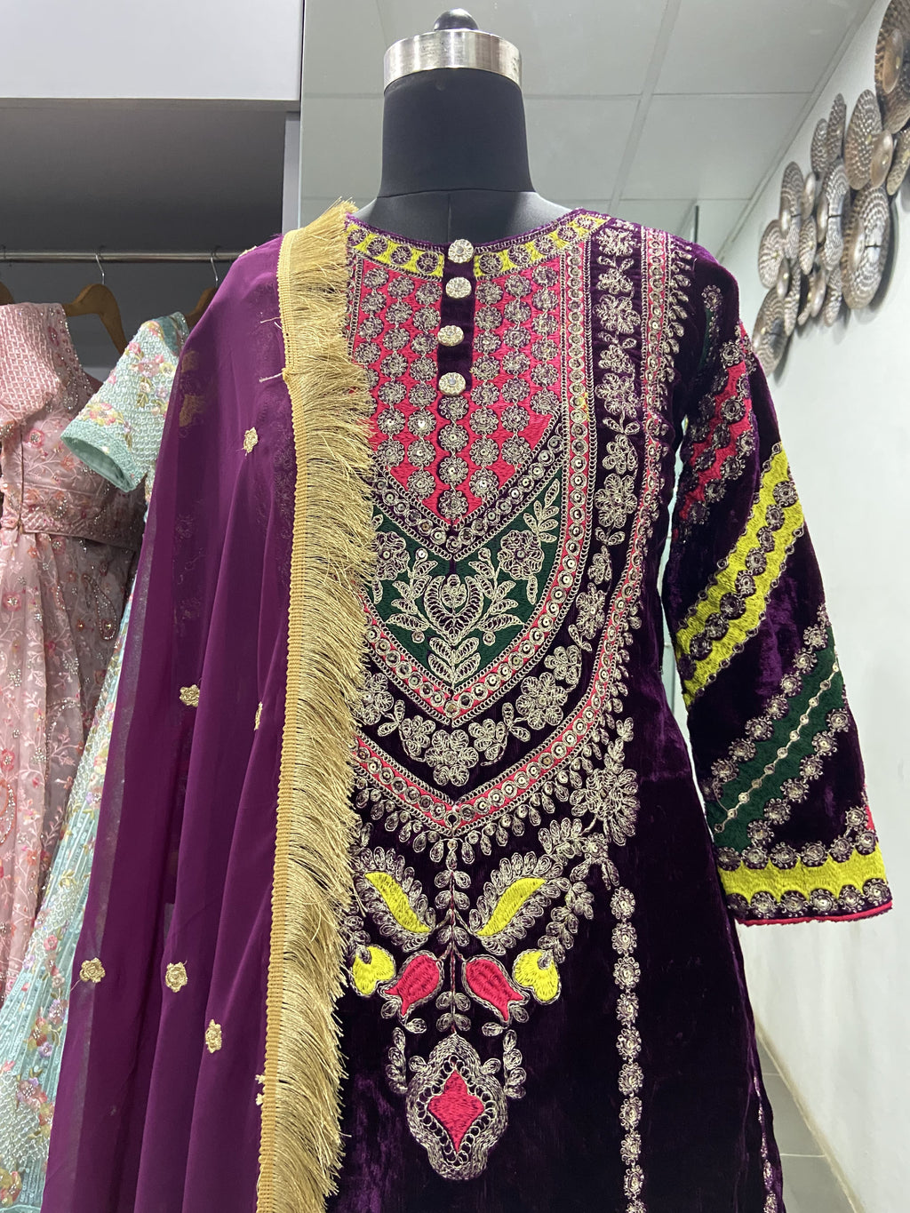 Wine Velvet Cording Embroidery Work Salwar Suit