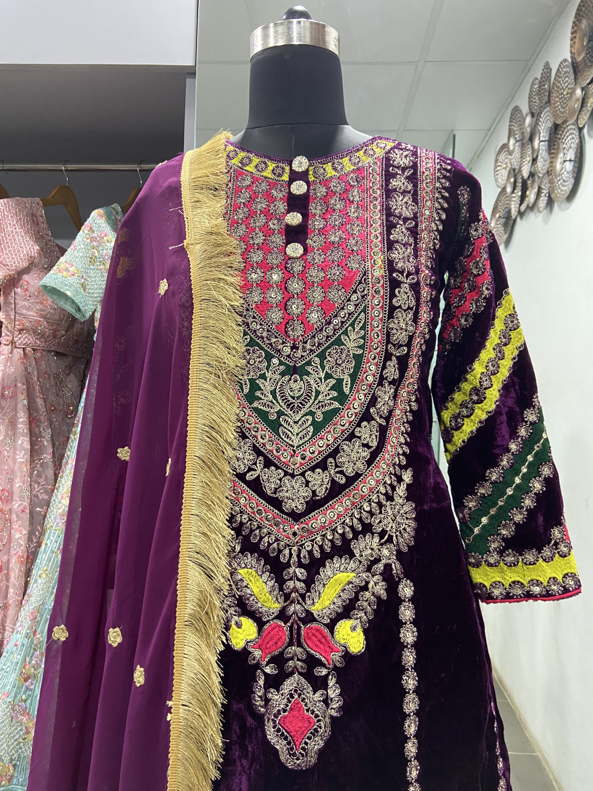 Wine Velvet Cording Embroidery Work Salwar Suit