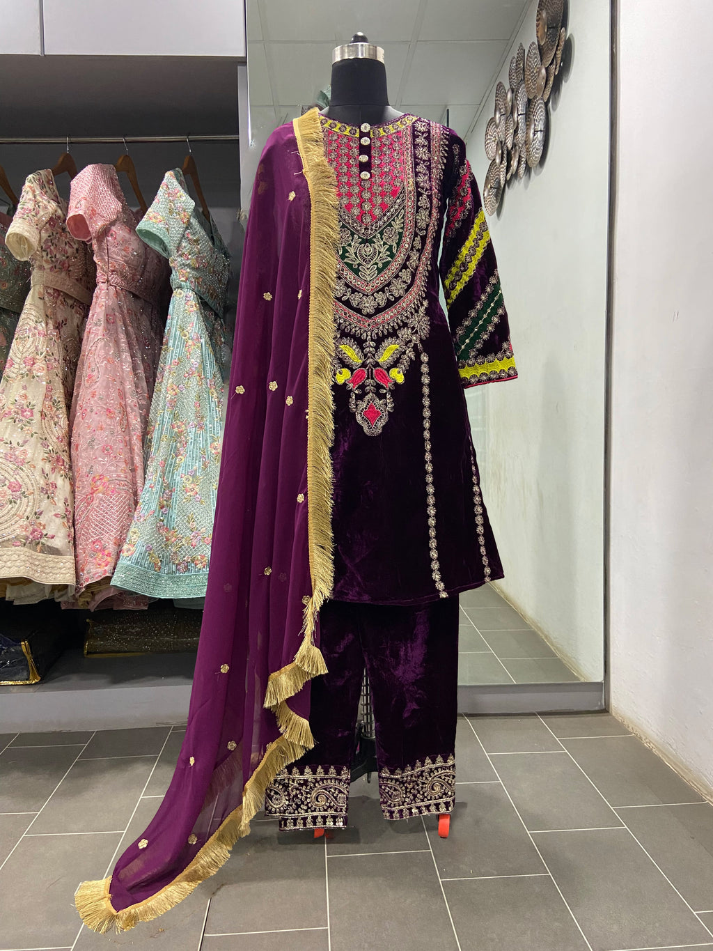 Wine Velvet Cording Embroidery Work Salwar Suit