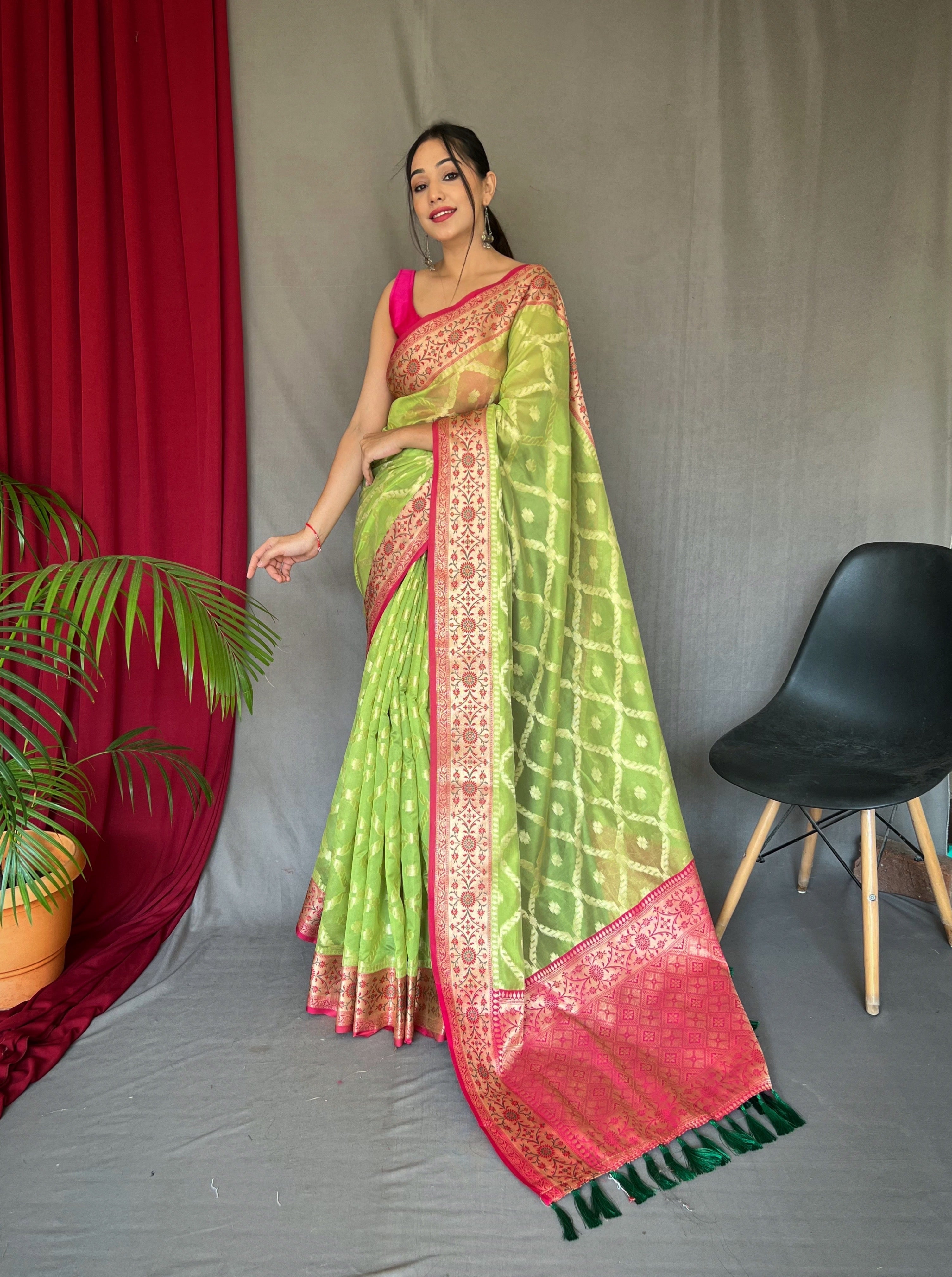 Parrot Green Saree in Banarasi Organza Silk Woven