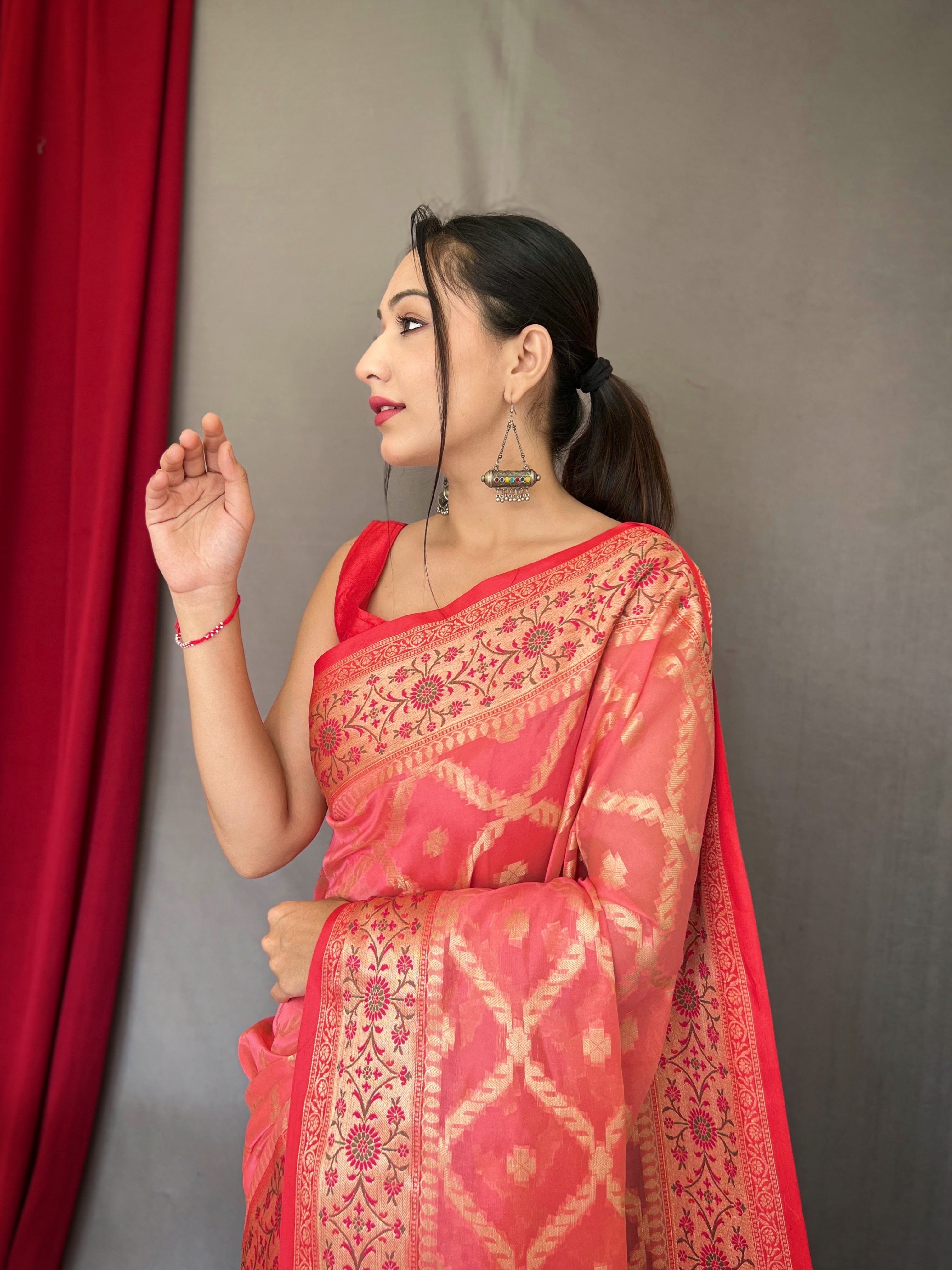 Pastel Peachy Pink Saree in Banarasi Organza Silk Woven