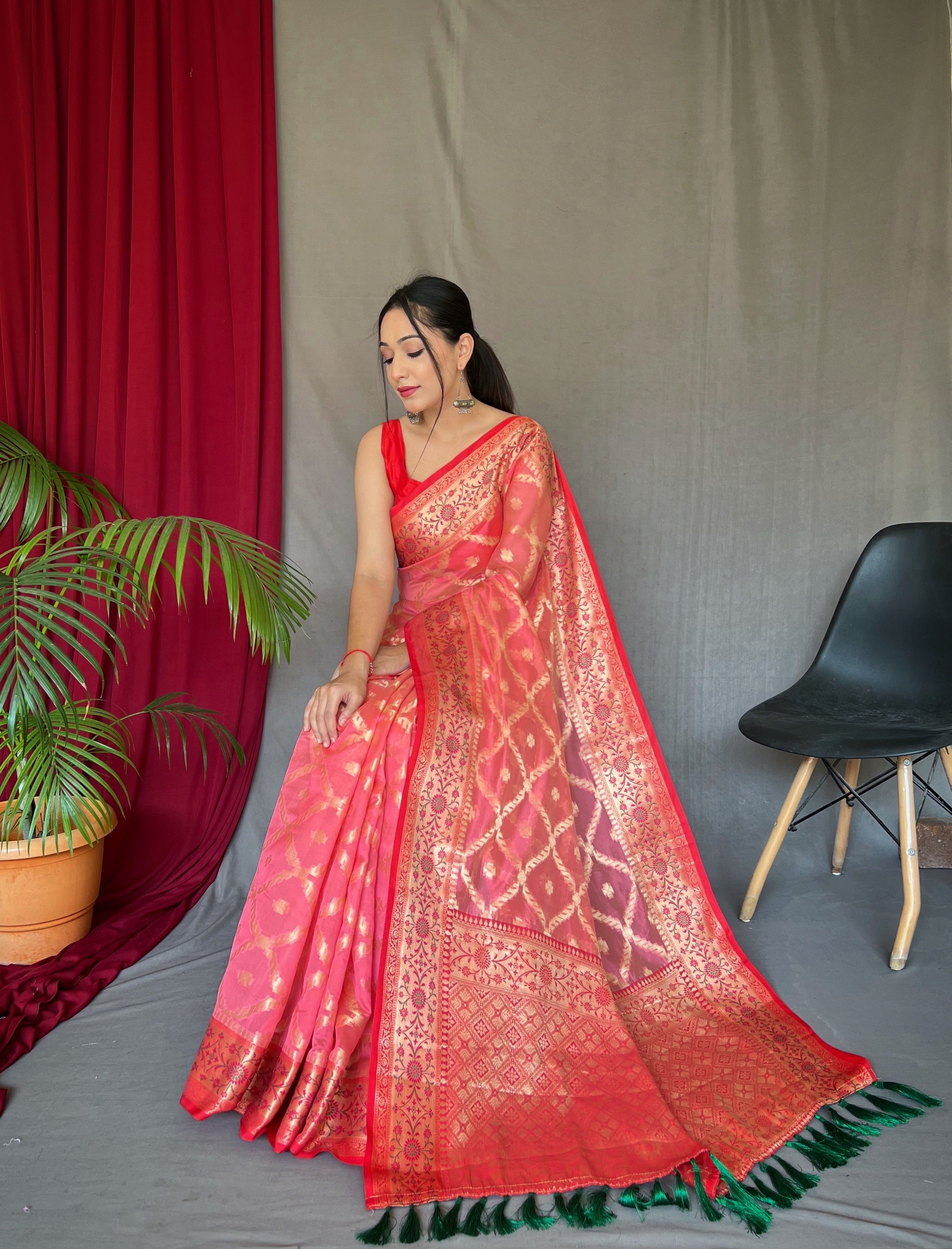 Pastel Peachy Pink Saree in Banarasi Organza Silk Woven
