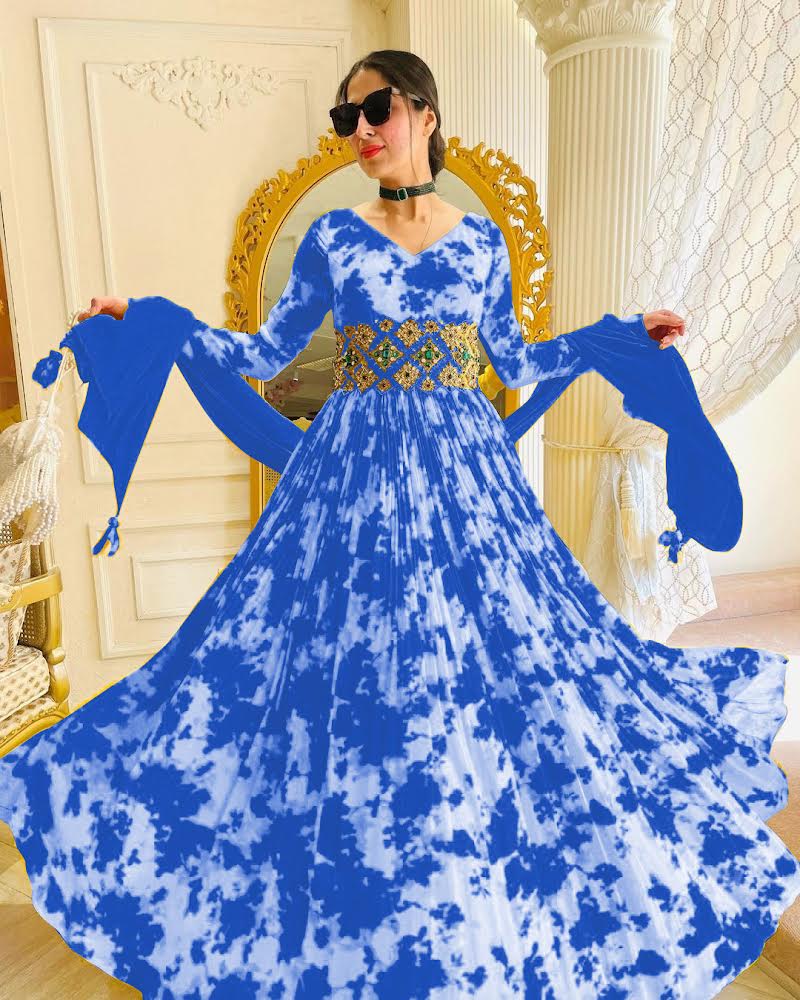 Digital Printed Blue Color Georgette Gown With Belt