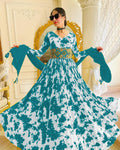 Digital Printed Green Color Georgette Gown With Belt