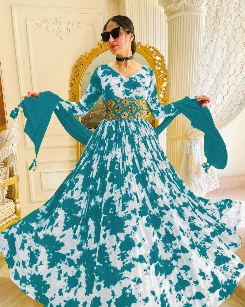 Digital Printed Green Color Georgette Gown With Belt