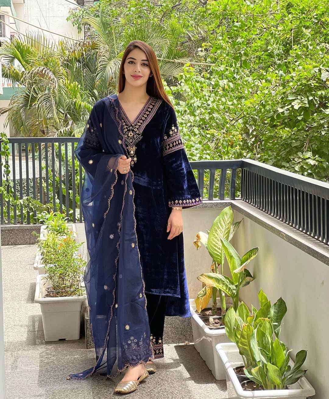 Navy Blue Color Embroidery Work Velvet Palazzo Suit