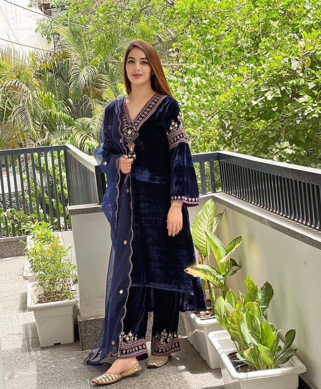 Navy Blue Color Embroidery Work Velvet Palazzo Suit