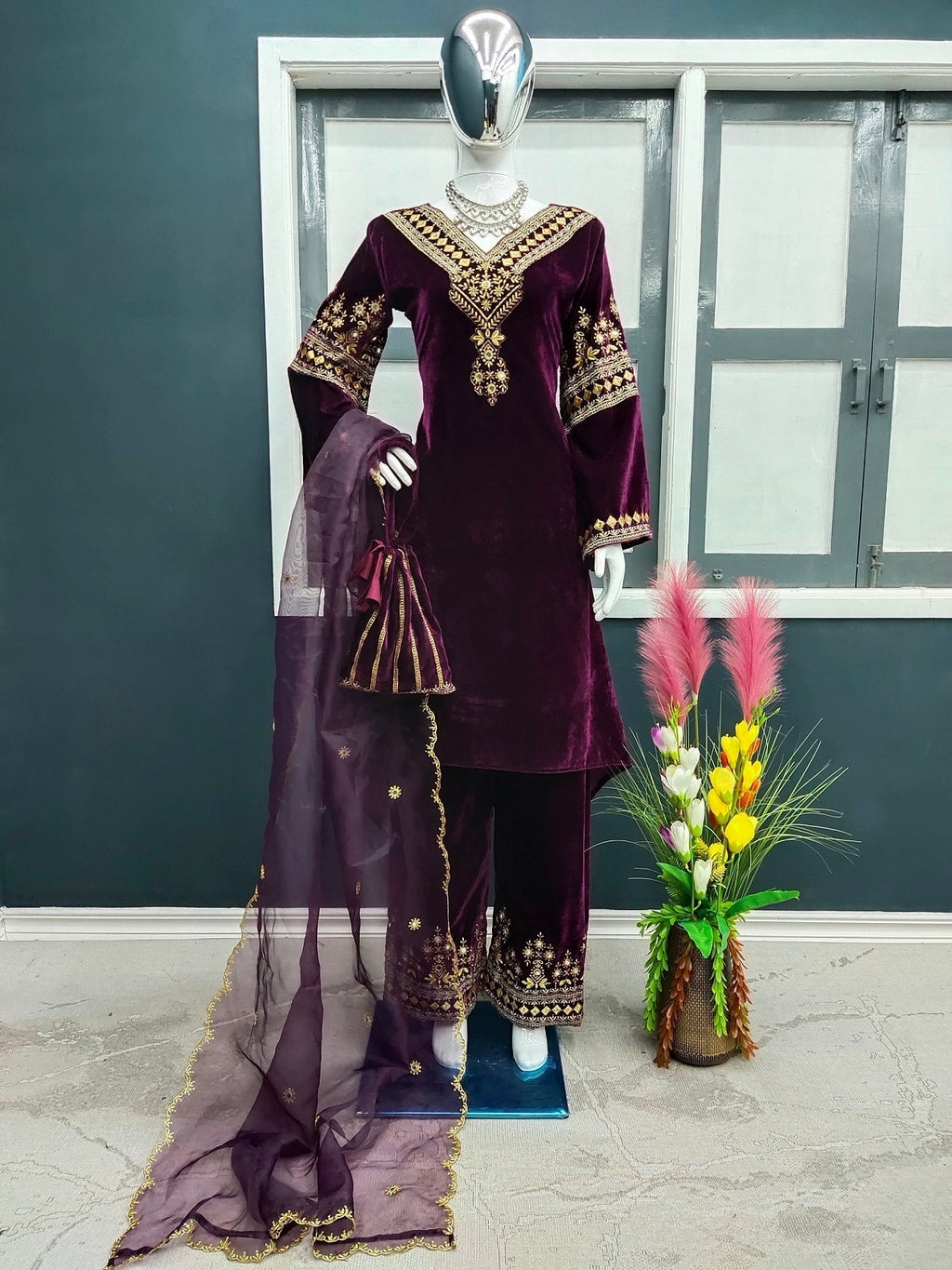 Wine Color Embroidery Work Velvet Palazzo Suit