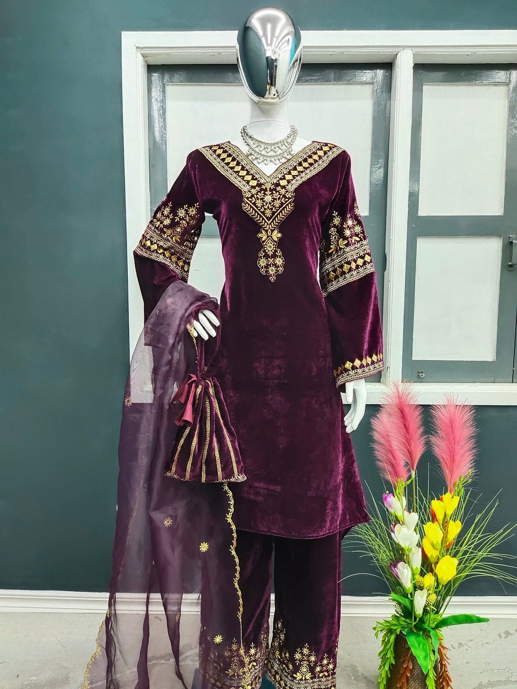 Wine Color Embroidery Work Velvet Palazzo Suit