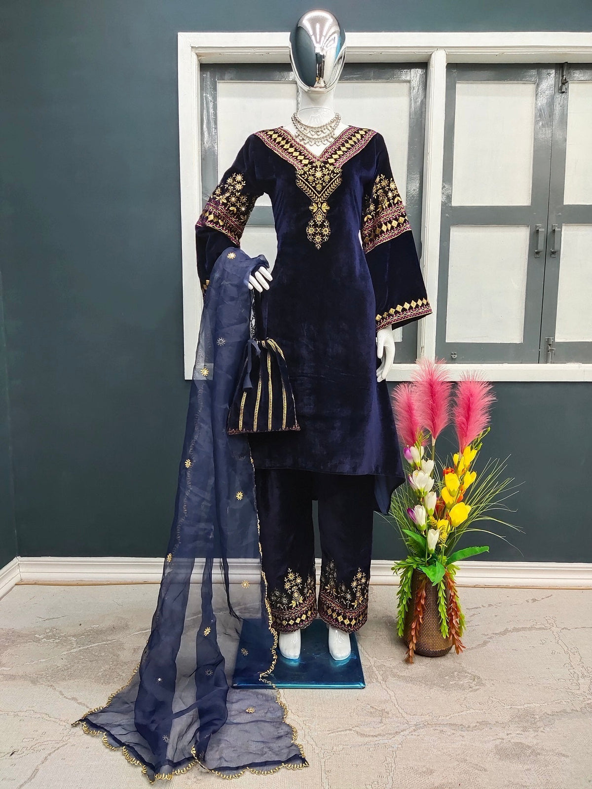 Navy Blue Color Embroidery Work Velvet Palazzo Suit