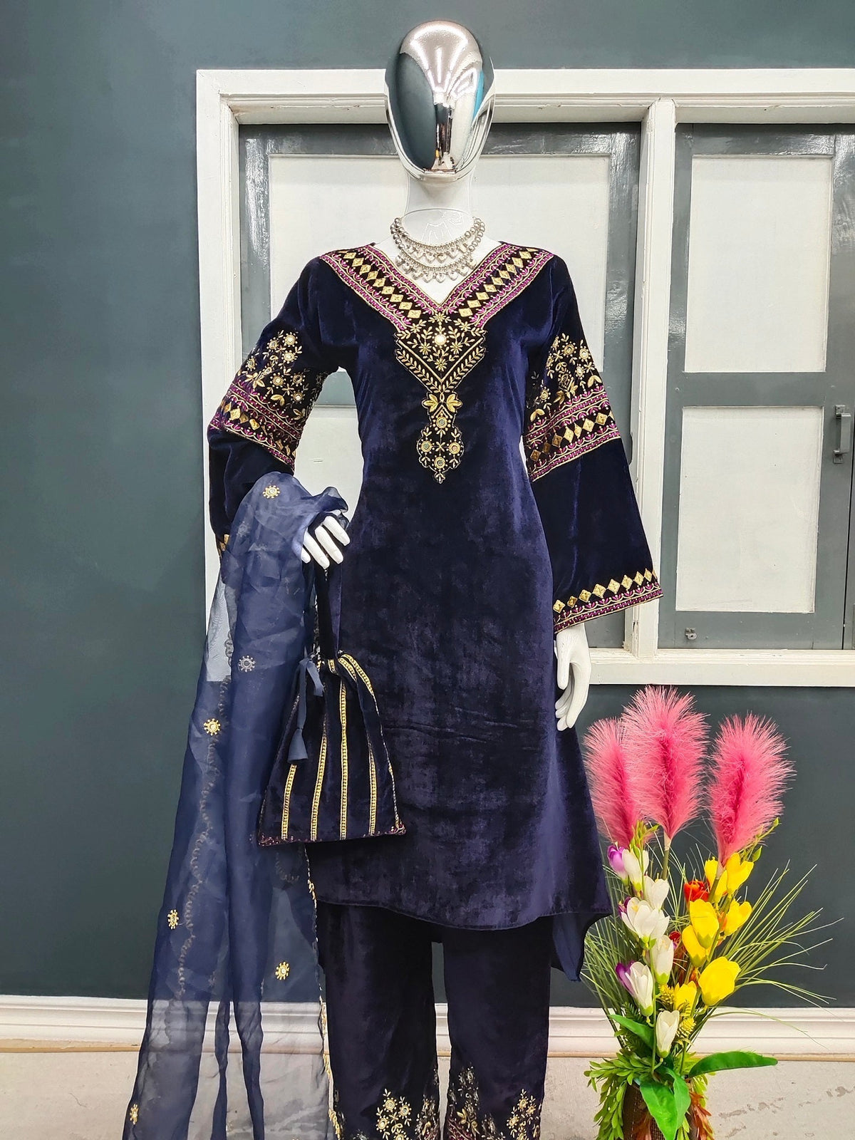 Navy Blue Color Embroidery Work Velvet Palazzo Suit