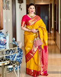 Dissemble Yellow Soft Banarasi Silk Saree With Blissful Blouse Piece