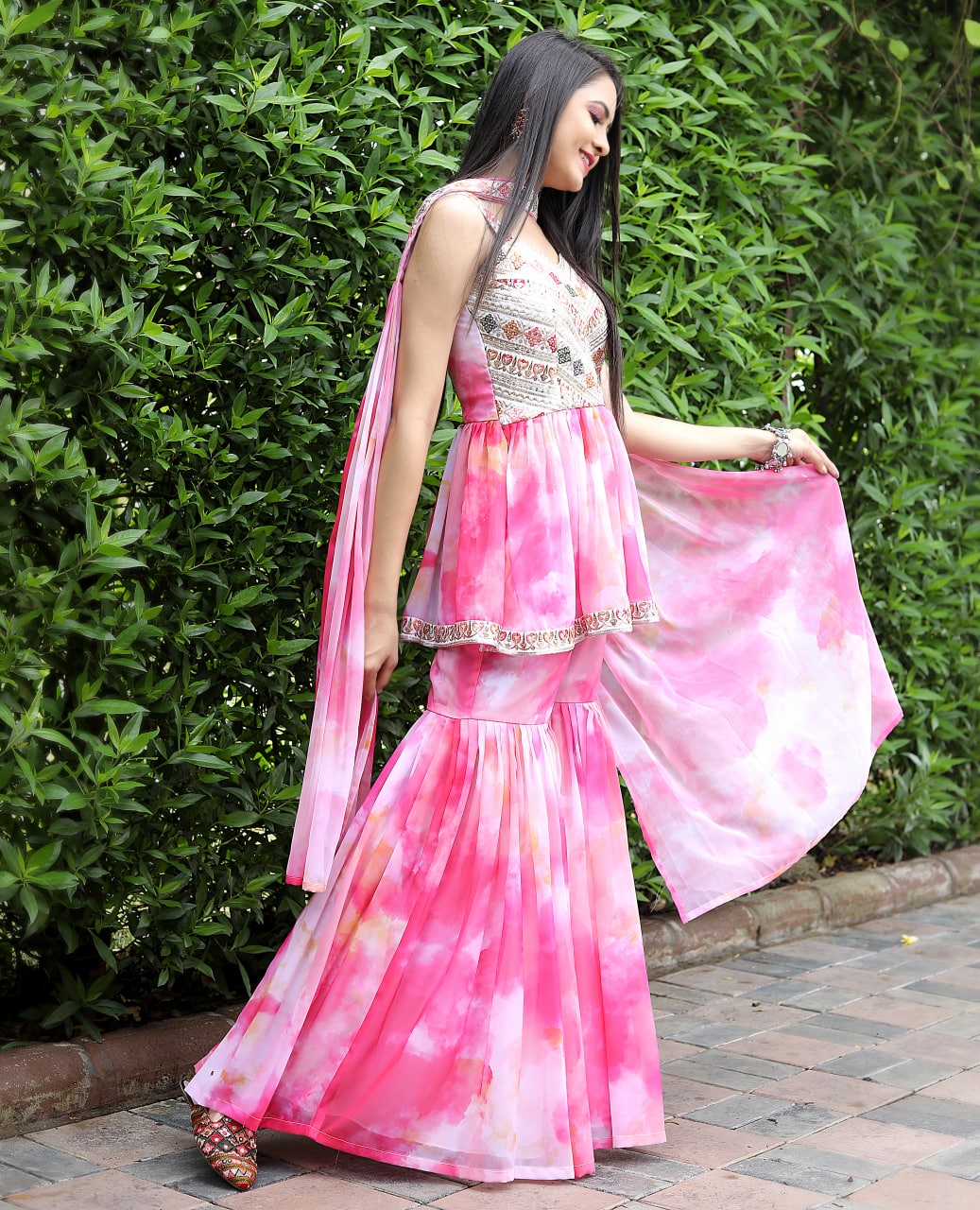 Light Pink Color Shibori Print Thread Sequence Work Sharara Suit