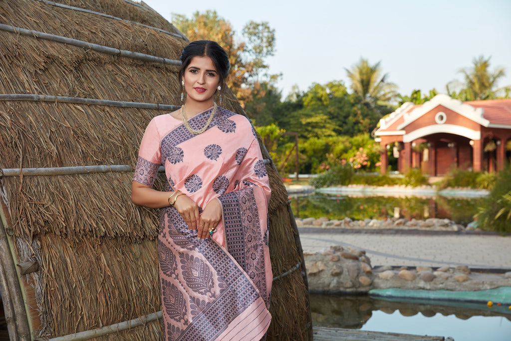 Light Pink Weaving Banarasi Silk Festival Wear Saree