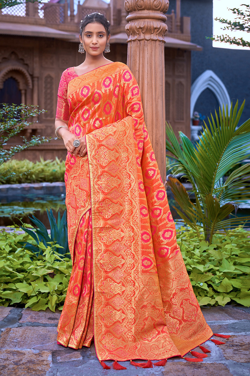 Orange Banarasi Silk Saree With Zari Weaving Work