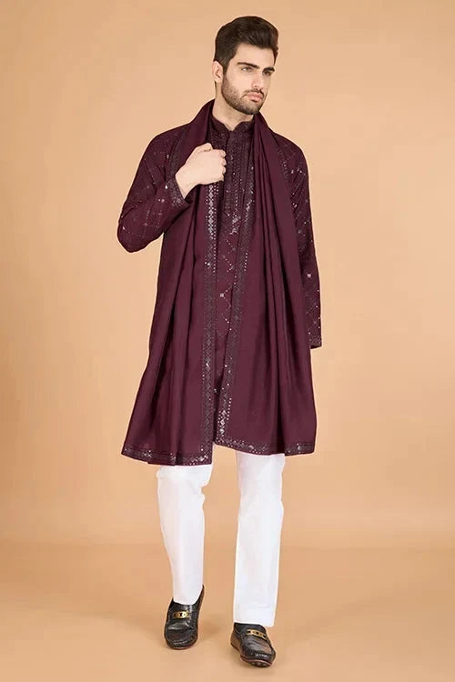 Maroon Stylish Sequence Embroidered Best Kurta for Men