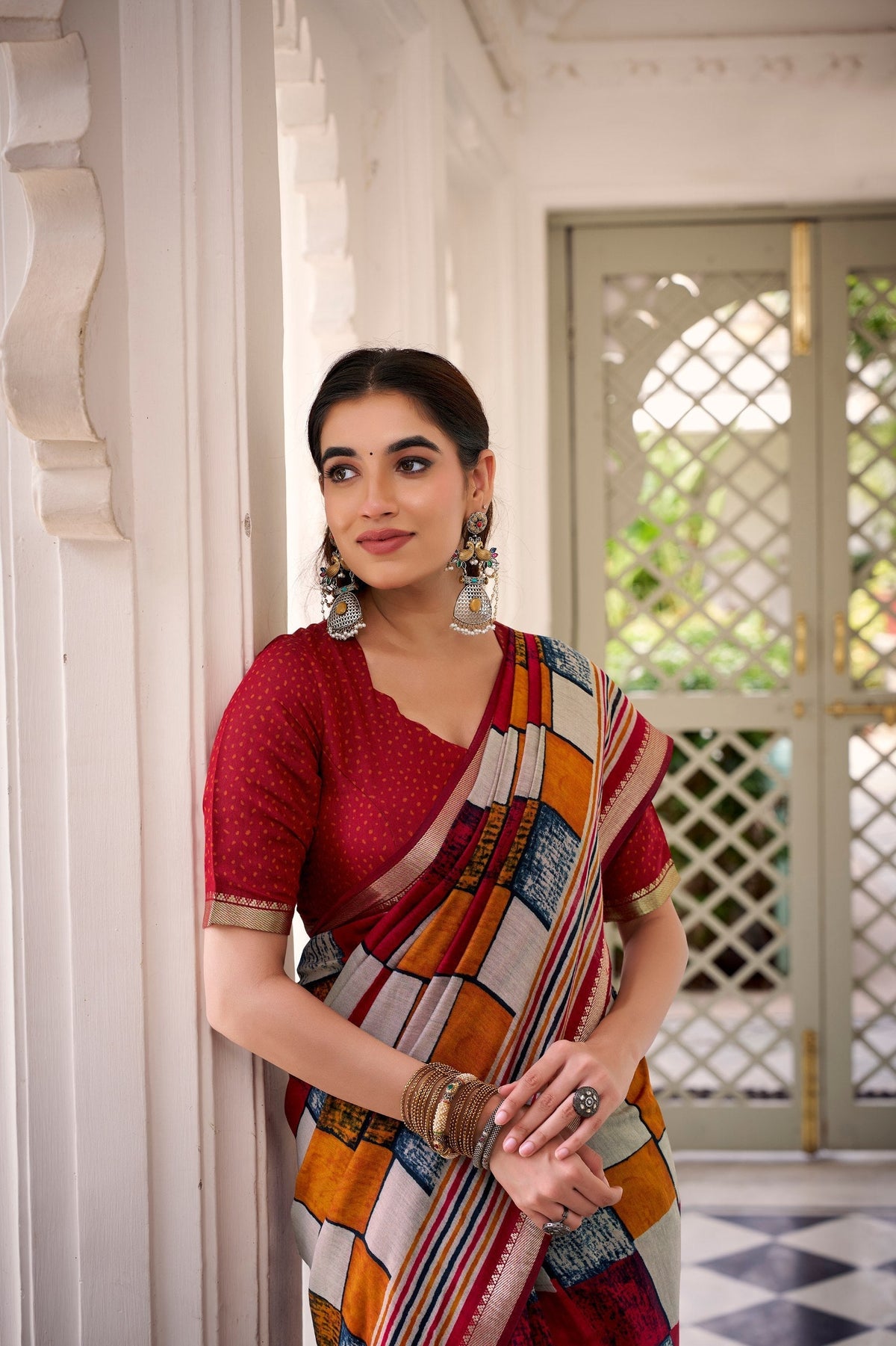 Maroon Elegant Chanderi Printed Saree with Temple Border & Matching Blouse