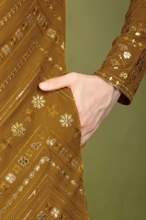 Yellow Viscose Rayon Men's Kurta with Thread & Sequence Work
