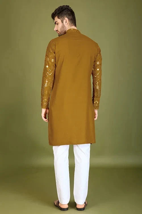 Yellow Viscose Rayon Men's Kurta with Thread & Sequence Work