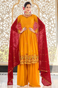 Mustard Yellow Georgette Thread And Sequins Embroidered Kurta Palazzo Set